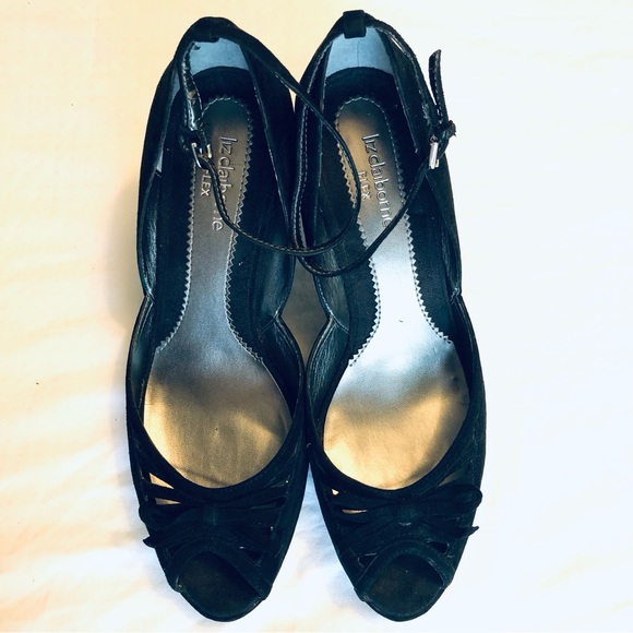 Black Suede Heels 9.5 Dress Shoe Peep Toe, Ankle Strap Womens Liz Claiborne - Picture 2 of 12